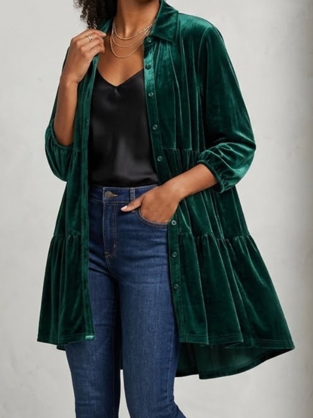 Umgee Dark Green Velvet Dress Shirt Duster Size Small